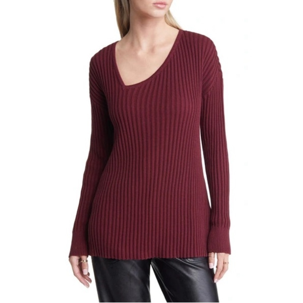 Open edit Asymmetric v neck ribbed tunic sweater small Burgundy tannin NWOT